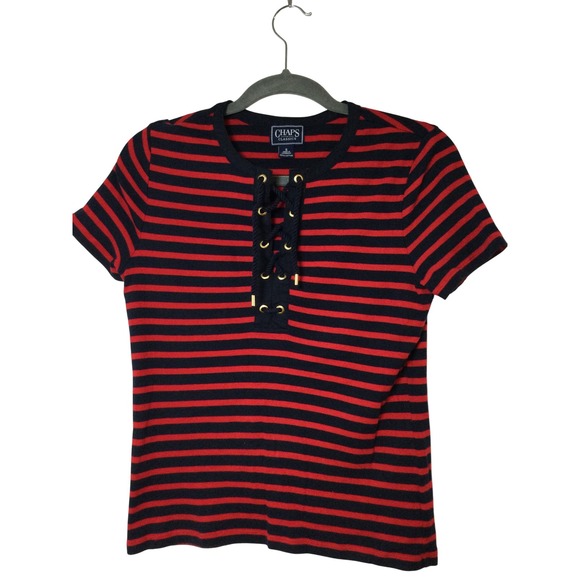 Chaps Classics Striped Knit Top Lace Up Nautical Tee Shirt Red Blue S (228)‎ - Picture 1 of 6